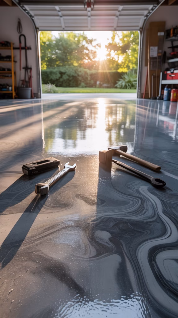 A photograph of a newly polished concrete garage floor reflecting the bright sunlight from a large open garage door. The floor's surface reveals intricate patterns of swirling grey and silver epoxy, subtly highlighting the underlying texture. Scattered across the floor are a few neatly arranged tools—a wrench, a hammer, and a toolbox—casting long shadows in the afternoon light. The scene is bathed in a warm, natural glow, suggesting a clean and organized workspace.