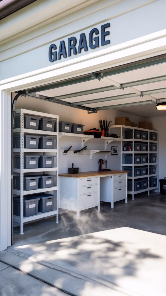 A photograph of a meticulously organized garage showcasing a pristine white workbench and neatly arranged storage shelves. The shelves hold labeled bins containing tools and equipment with "GARAGE" clearly displayed in bold black letters above them. Sunlight streams through a large open garage door illuminating dust motes dancing in the air and highlighting the clean, spacious environment. The concrete floor is swept and spotless, creating a sense of calm and efficiency.