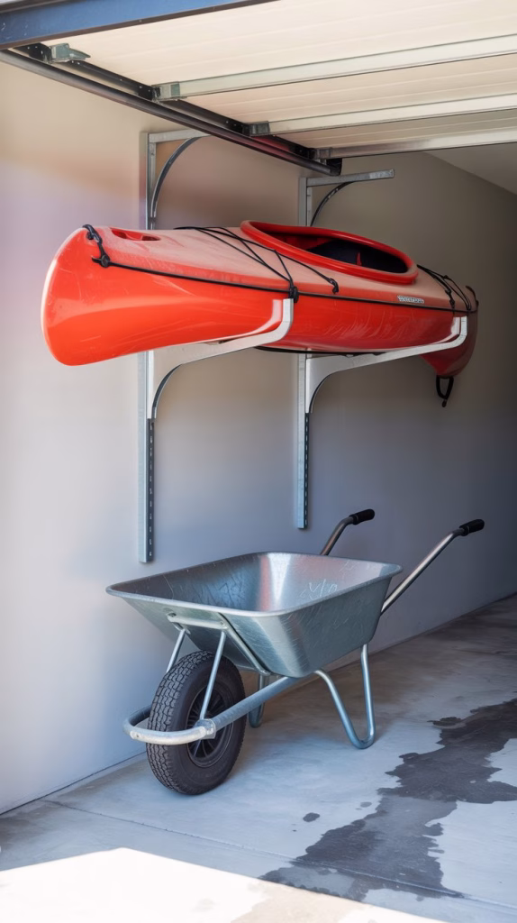 A photograph showcasing a well-organized garage with practical storage solutions. A sturdy metal hook system is mounted on a light gray painted concrete wall, securely holding a bright red kayak and a galvanized steel wheelbarrow. The kayak’s hull reflects the overhead fluorescent lighting, while the wheelbarrow's tires sit neatly against the wall. The garage floor is clean and uncluttered with a faint pattern of tire tracks visible, suggesting a functional and efficient space.
