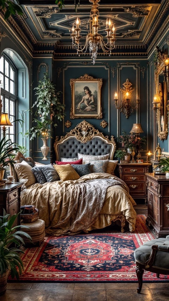 A glamorous vintage-style bedroom with rich decor, including a chandelier, ornate furniture, and plants.