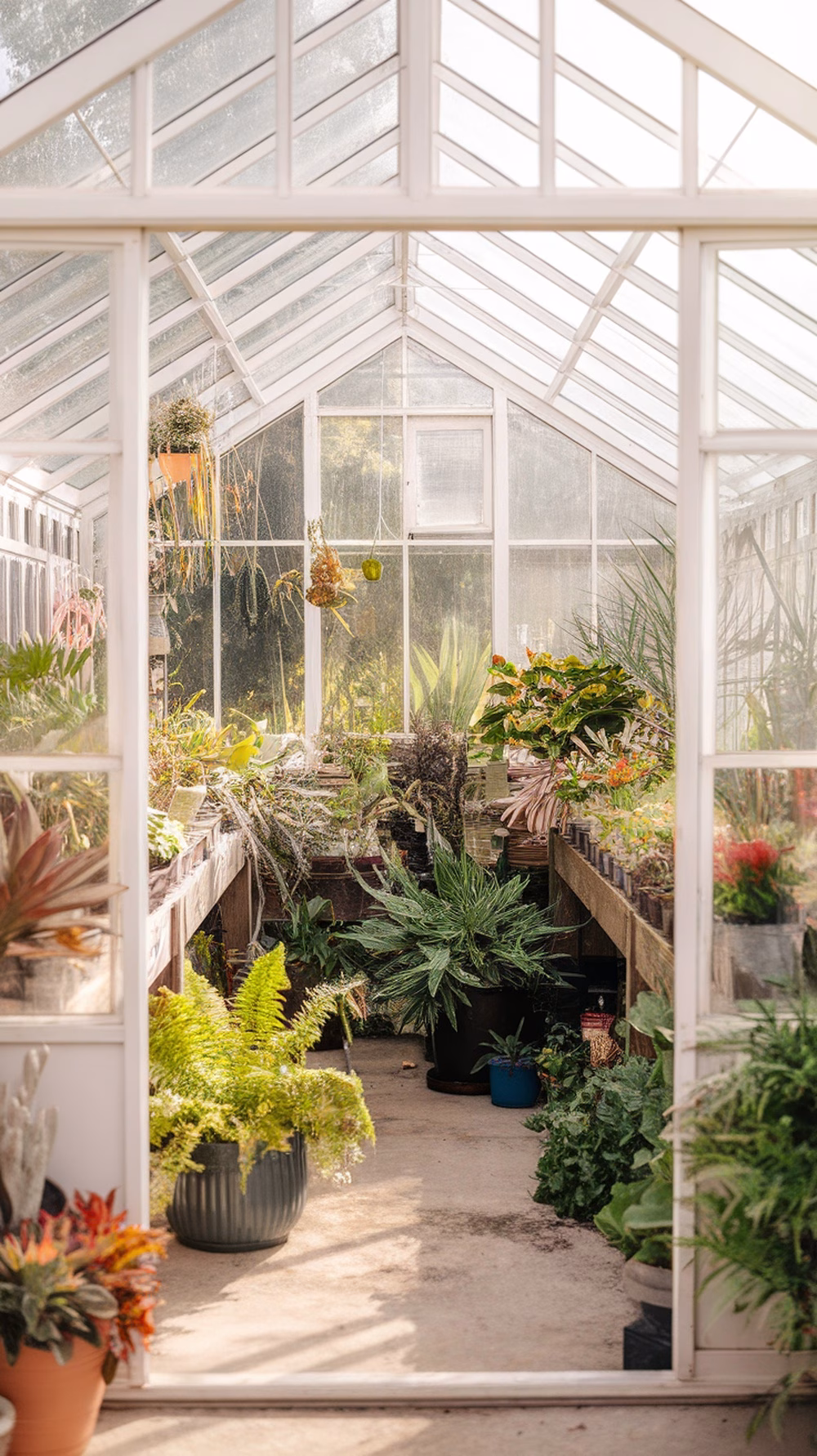 A bright greenhouse with various plants and wooden tables set up for gardening.