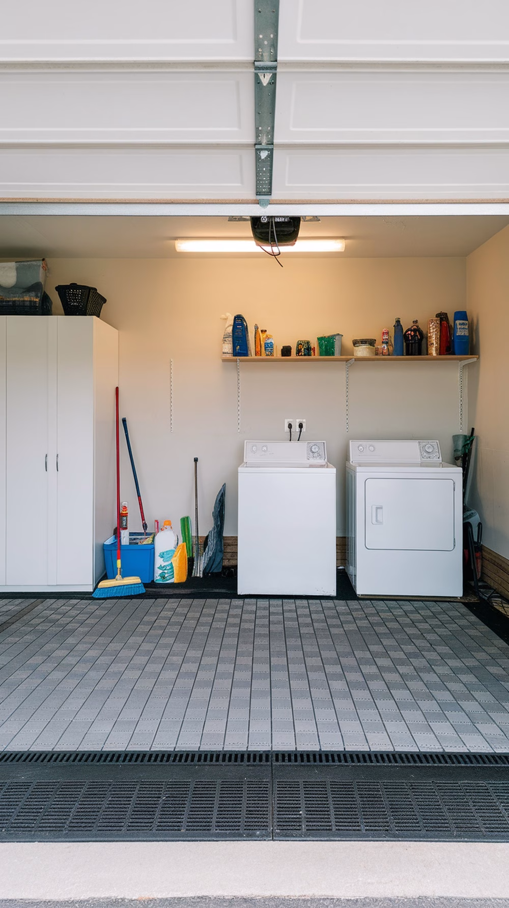 An organized garage laundry room featuring grid-lock flooring, washing machines, and storage shelves.