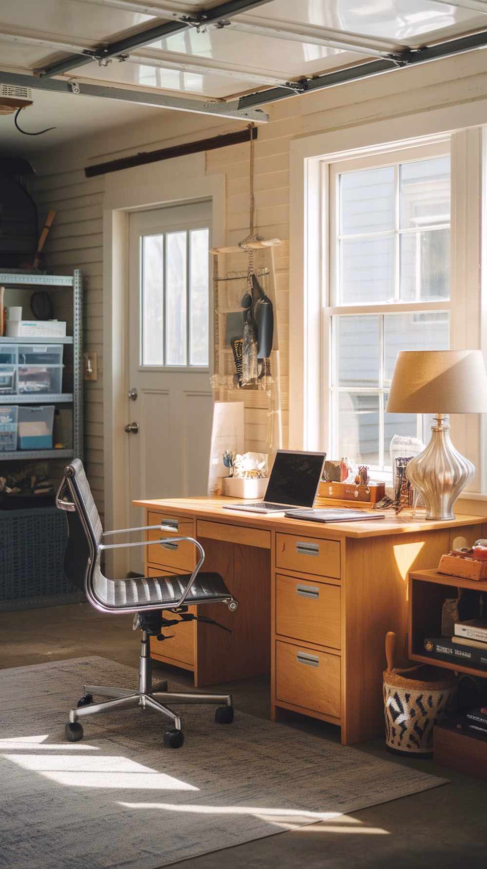 A converted garage space set up as a home office with a desk, chair, and natural light.