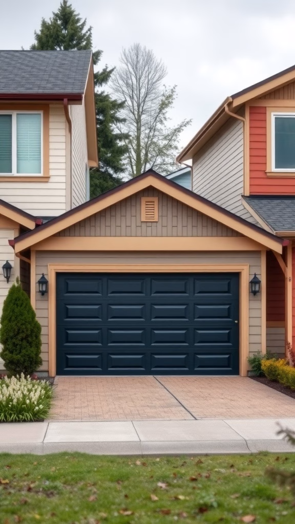 A black garage door on a suburban house with warm-toned siding and green landscaping.