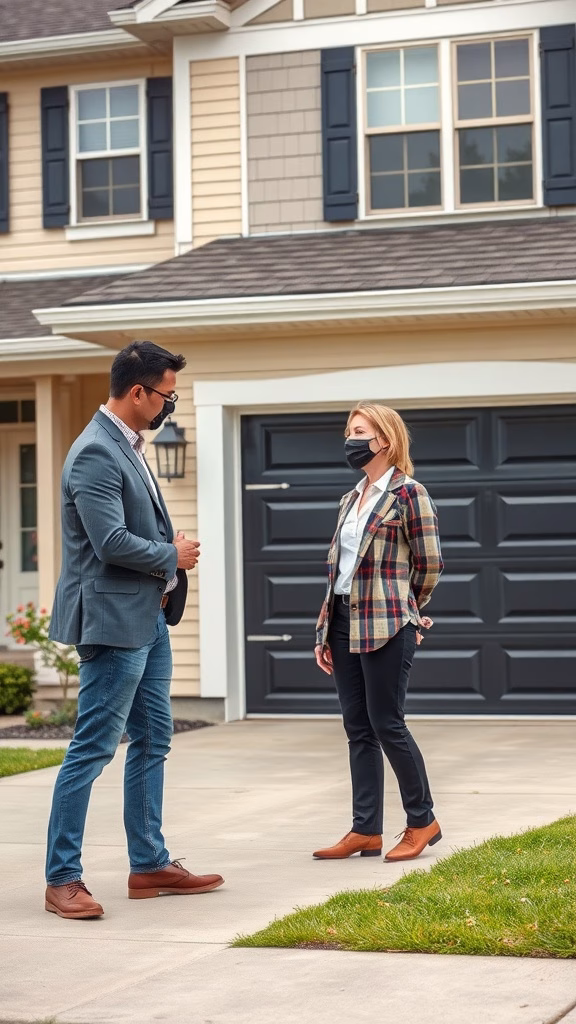 Two people discussing a house with a black garage door.
