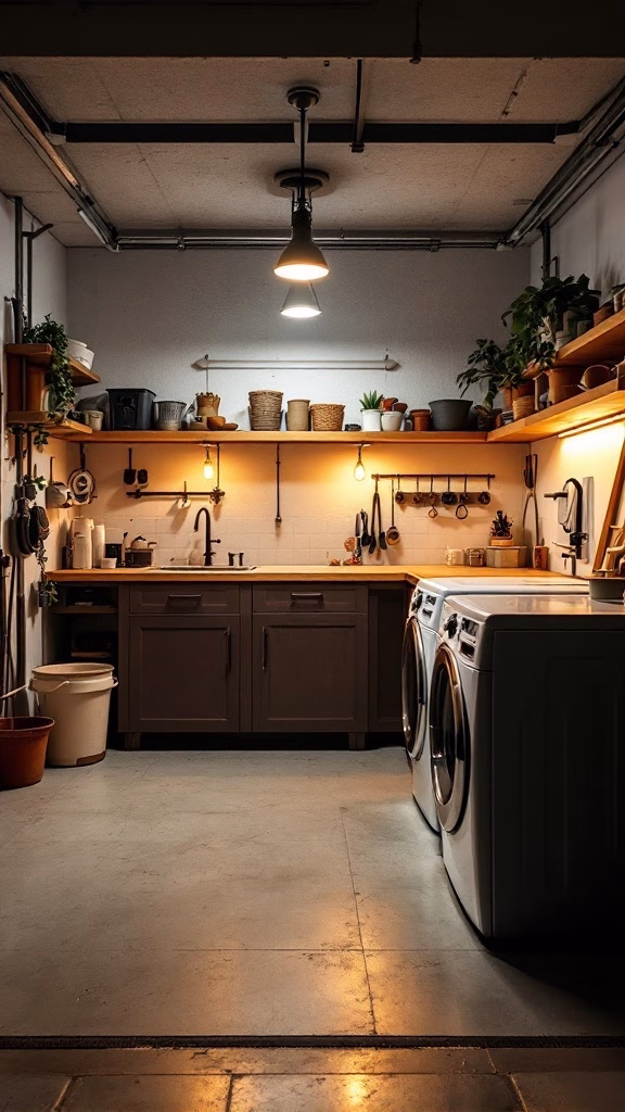 A cozy laundry room in a garage with bright overhead lights and under-shelf illumination, featuring a washing machine and plants.