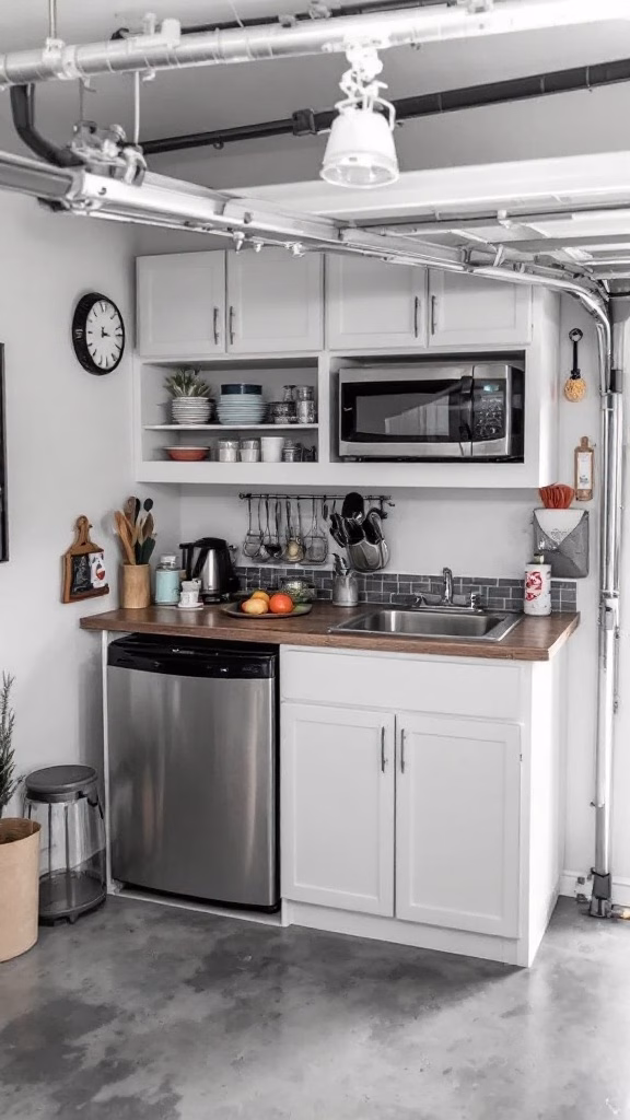 A functional kitchenette in a garage with a sink, microwave, and organized shelves