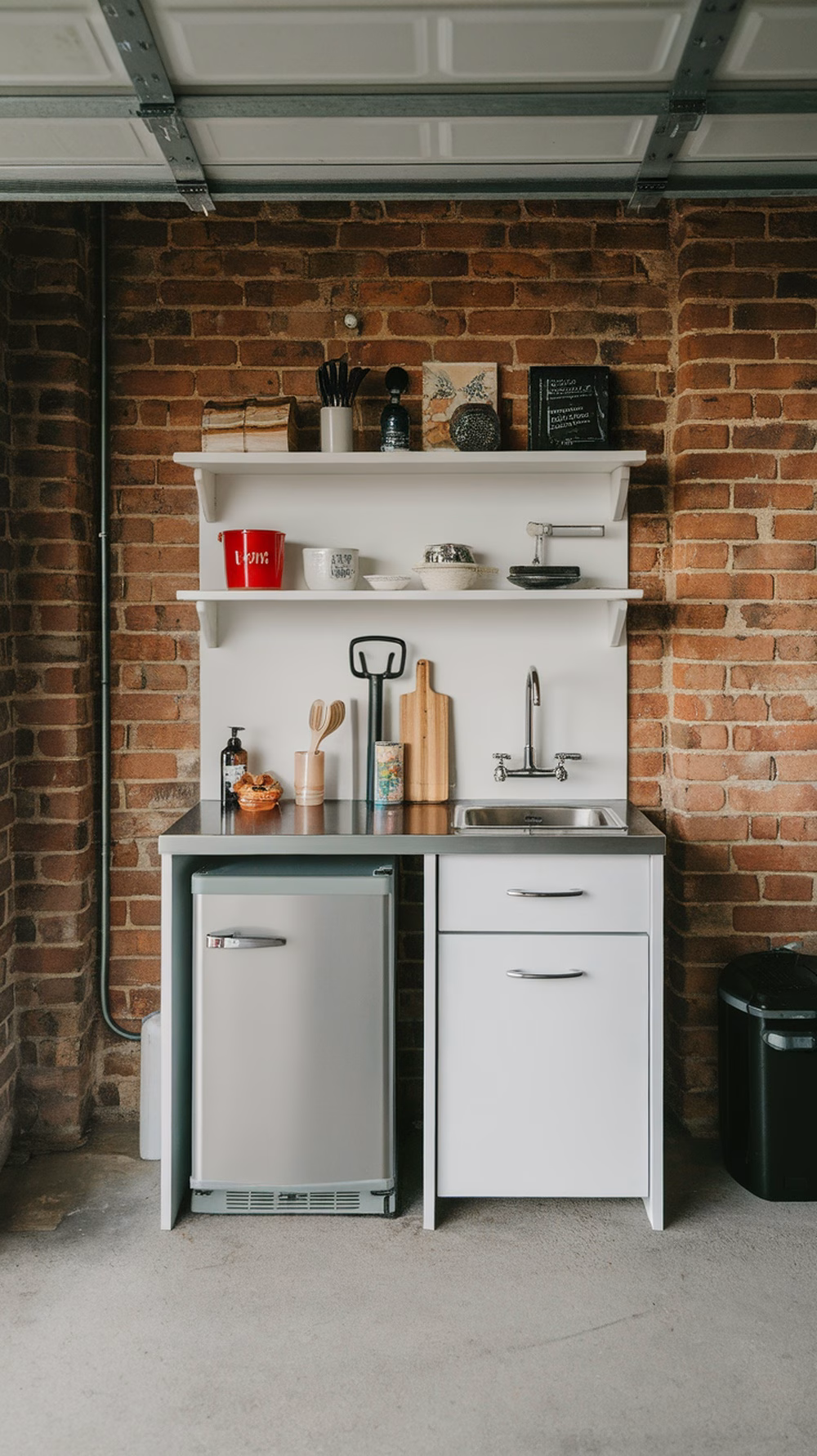 A functional kitchenette in a garage with a sink, fridge, and shelves.