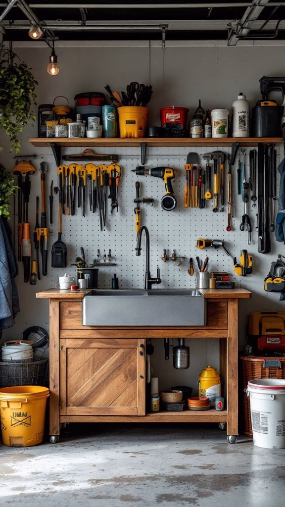 A wooden utility sink in a garage with tools and supplies on shelves.