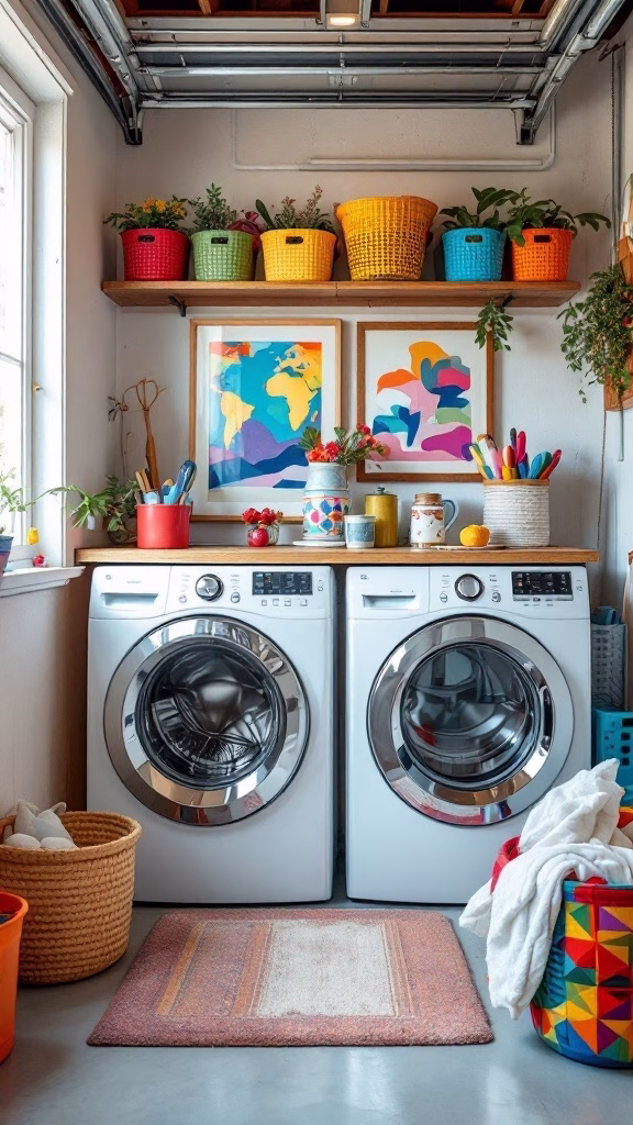 A colorful garage laundry room with washing machines, vibrant baskets, and decorative art.