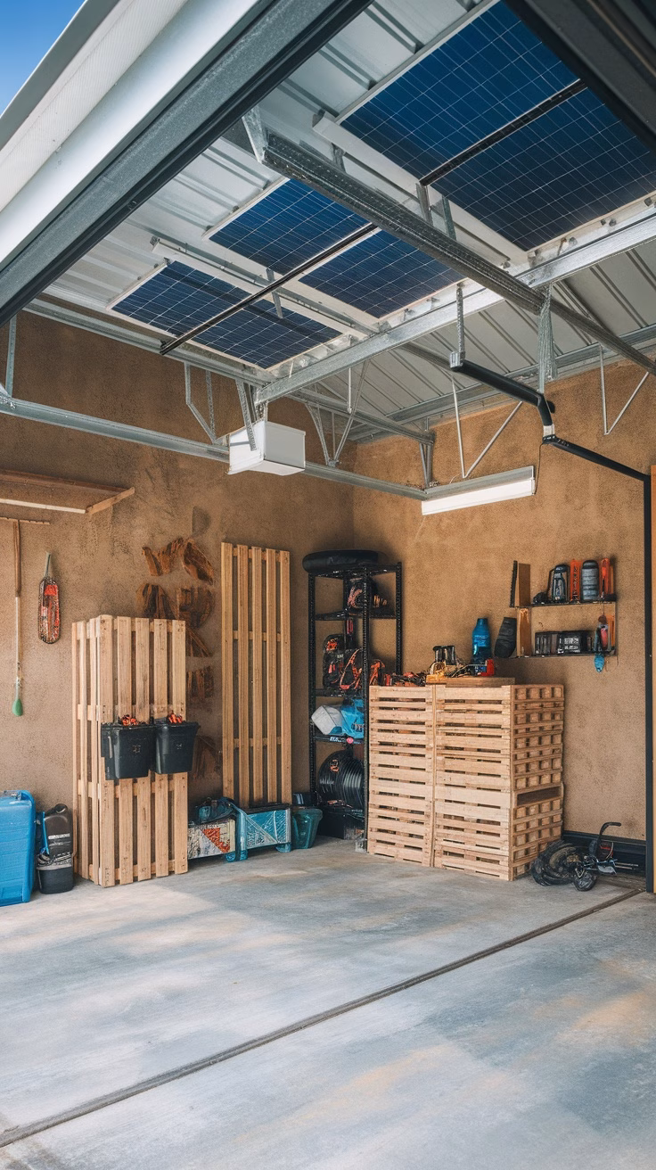 A well-organized garage featuring solar panels, bicycles, and gardening tools.