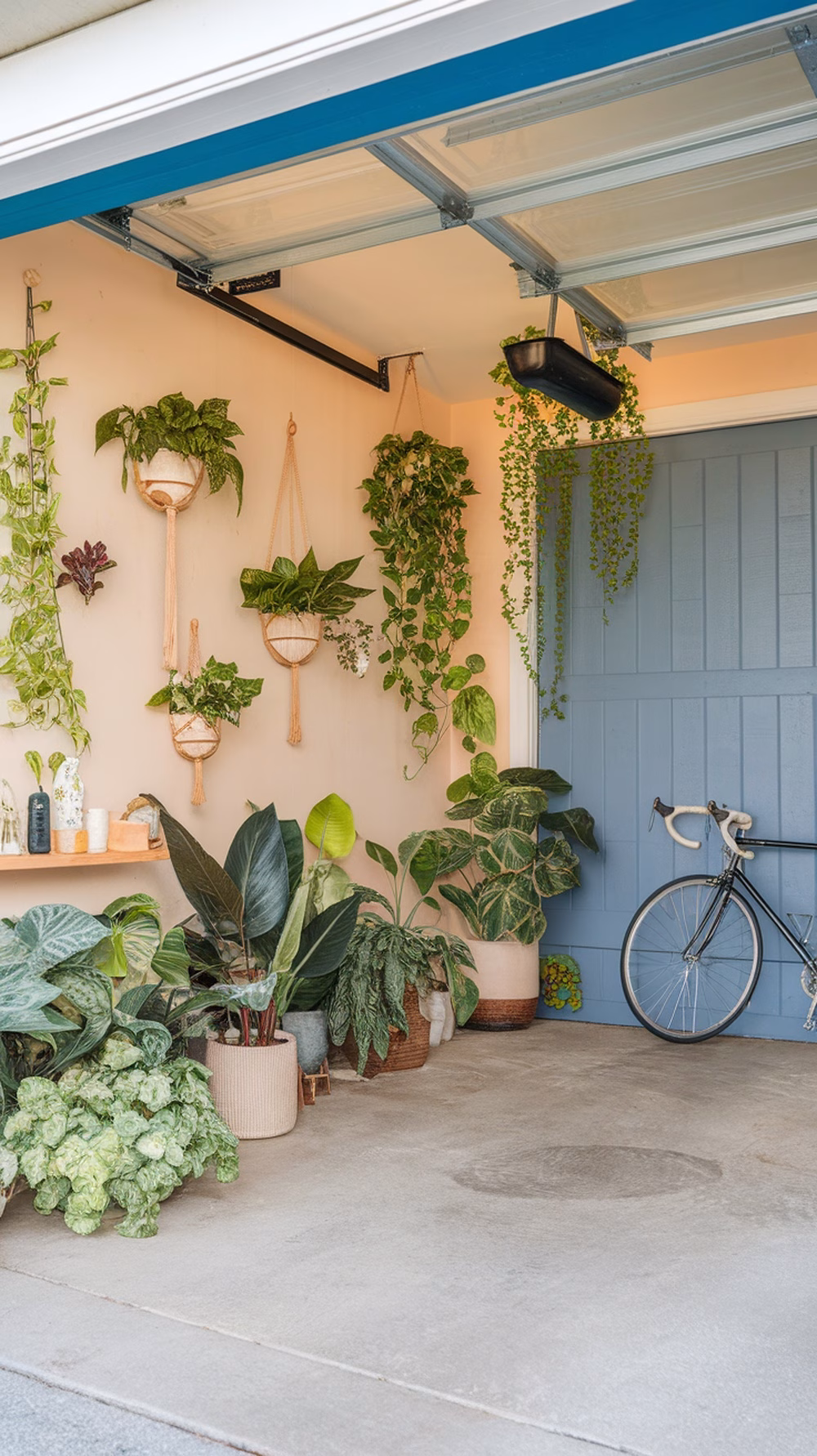 A beautifully decorated garage featuring a variety of plants, including hanging plants and large potted greenery, with a bike in the corner.