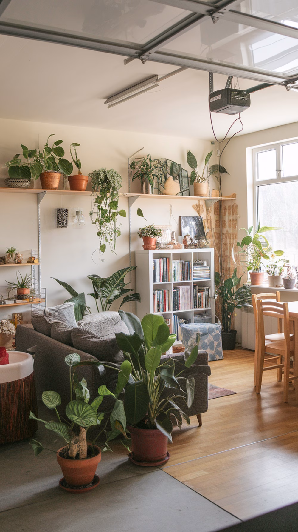A cozy garage living space filled with various indoor plants and a comfortable seating area.