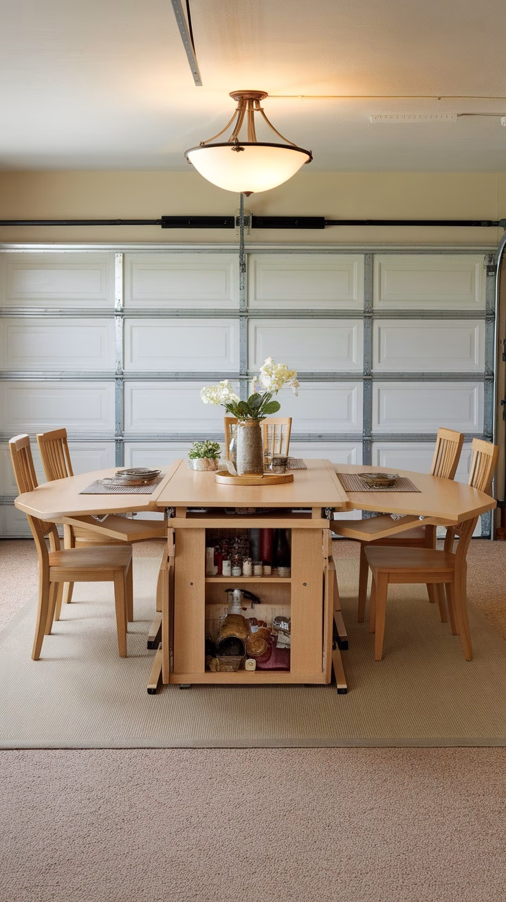 A garage converted into a dining room, featuring a large table surrounded by wooden chairs, set for a meal.