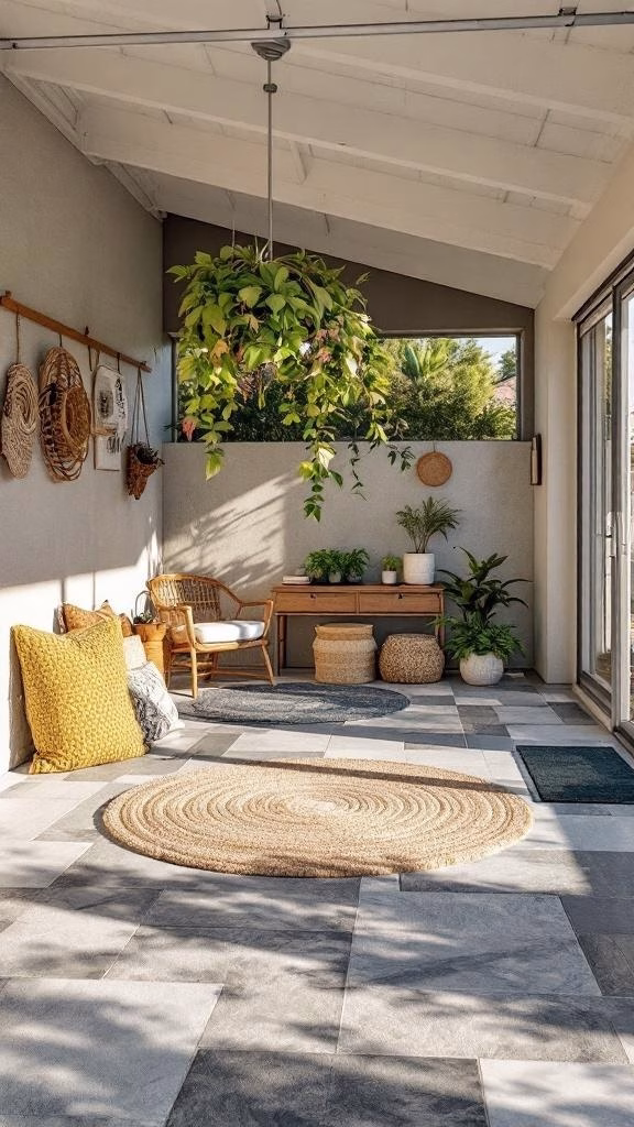 An outdoor space with stylish flooring, plants, and cozy seating.