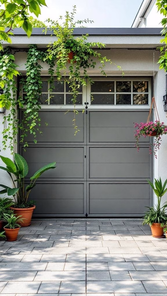 A stylish garage door surrounded by various plants, including hanging and potted greenery.