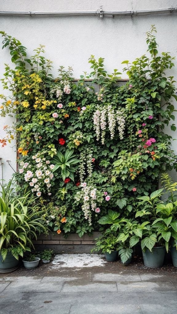 A vibrant vertical garden with various flowers and greenery.