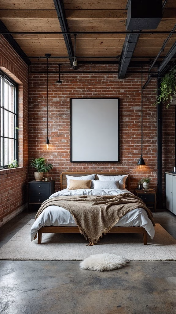 A stylish bedroom with exposed brick walls, wooden bed, and industrial lighting.