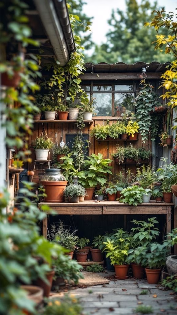 A lush greenhouse area filled with various plants in pots, featuring wooden shelves and a warm, inviting atmosphere.