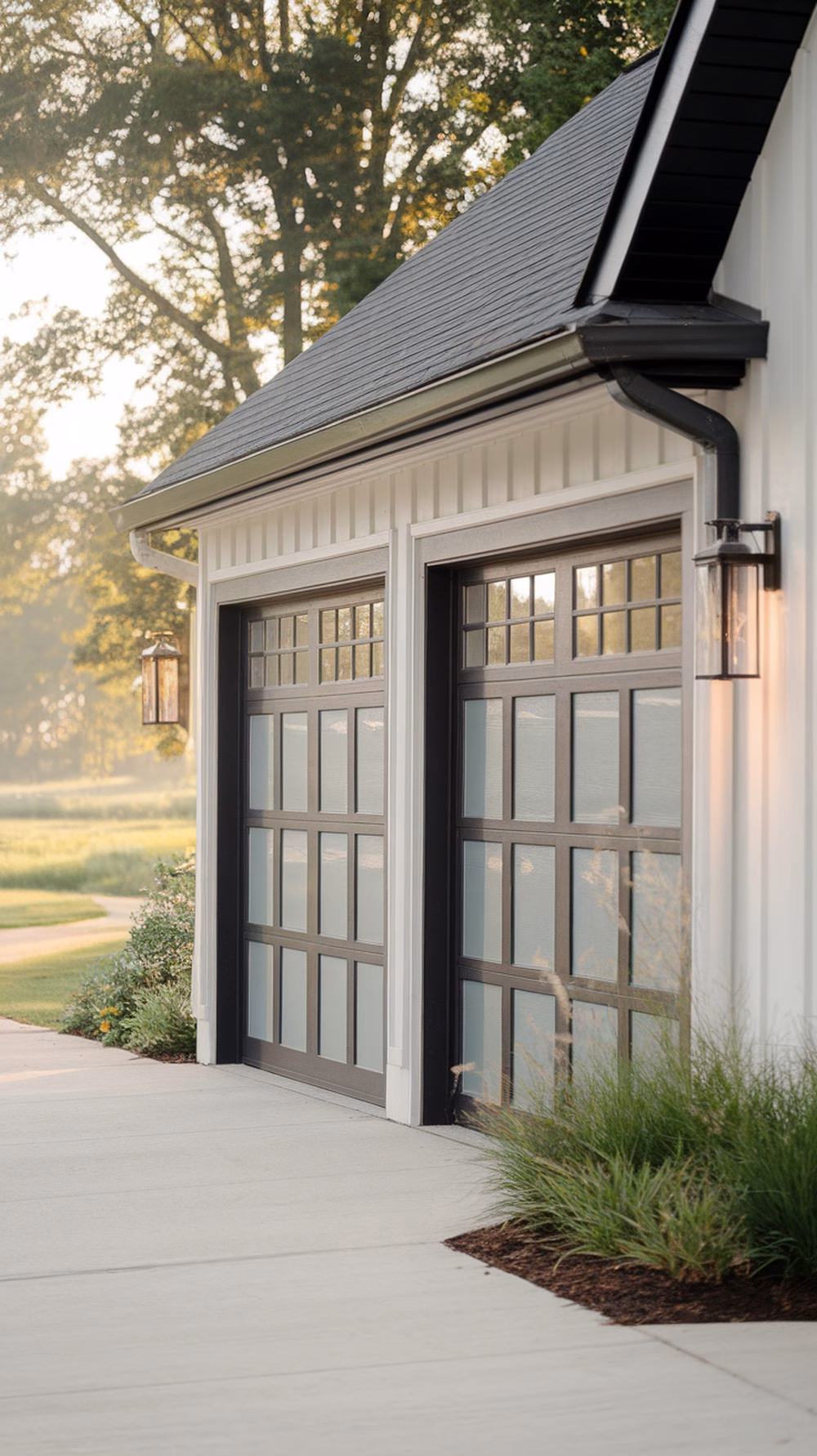 Stylish garage doors with black frames and glass panels, enhancing curb appeal.