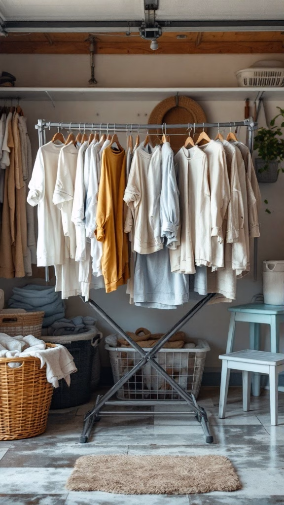 A drying rack with clothes hanging in a garage laundry room, surrounded by baskets and a laundry basket.