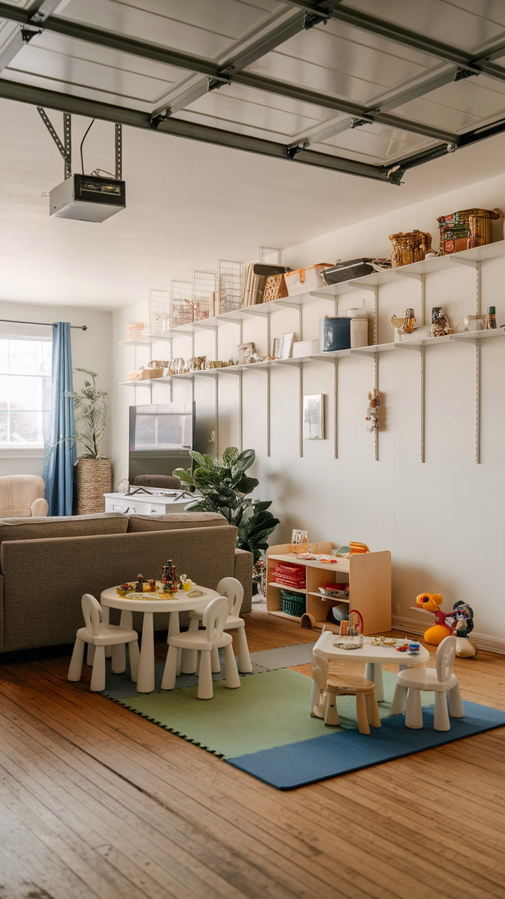 A cozy play area in a garage dining room conversion, featuring child-sized tables and colorful mats.