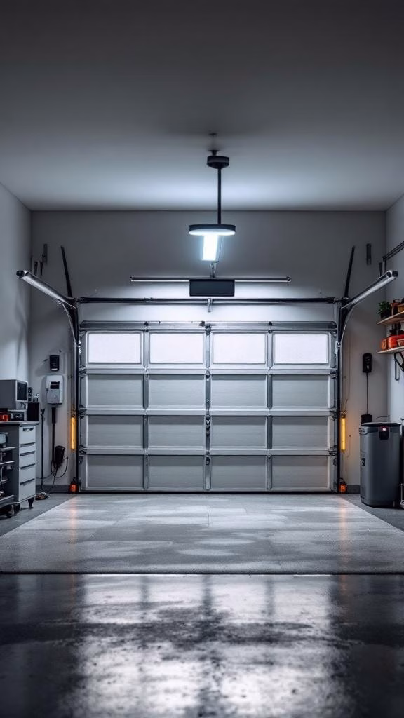 A modern and organized garage with bright lighting, tools on a pegboard, and a bicycle.
