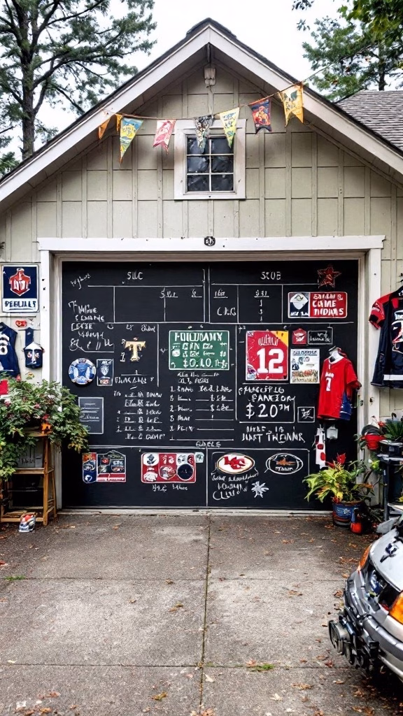 A chalkboard in a garage displaying scores and team names for a sports game.
