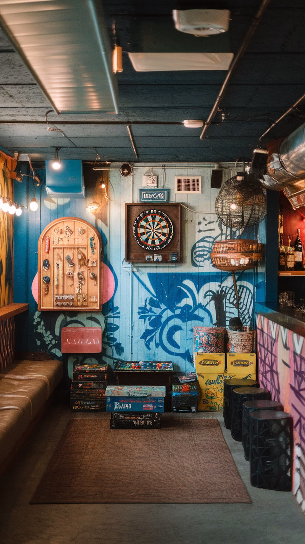 A vibrant garage bar with a dartboard and a collection of board games displayed.