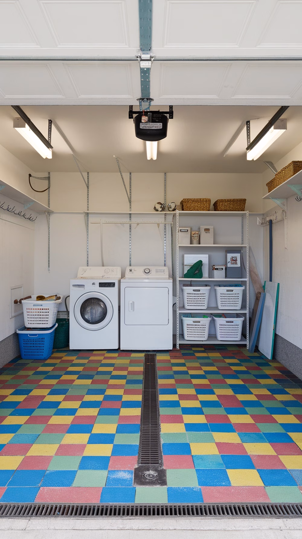 A colorful interlocking tile floor in a garage laundry room with appliances and storage.