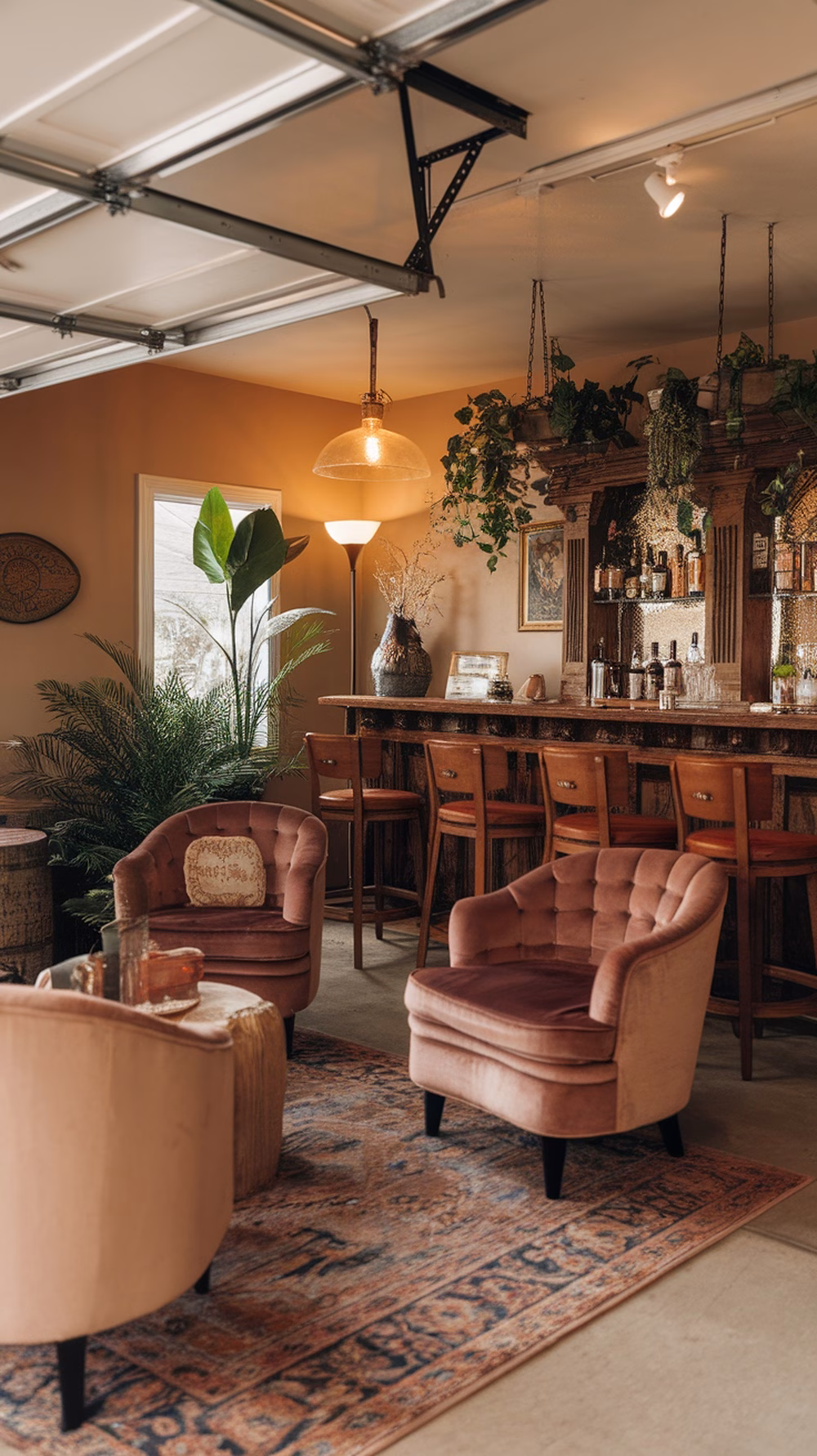 Cozy lounge area in a garage with pink chairs, plants, and a bar.