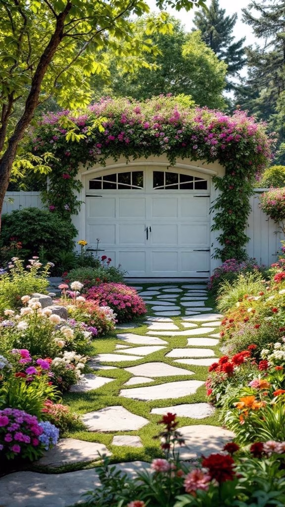 Beautifully landscaped garage area with flowers and stone pathway.