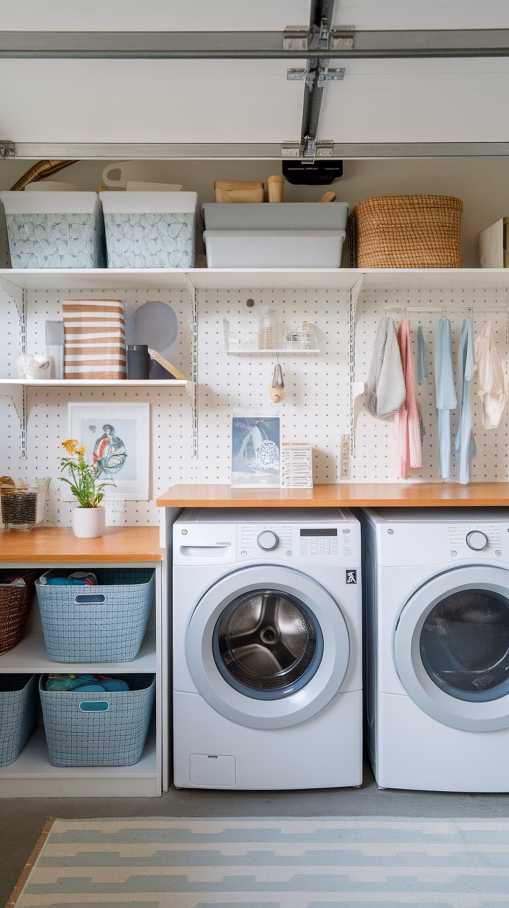 Bright laundry and utility room with washing machines and organized shelves