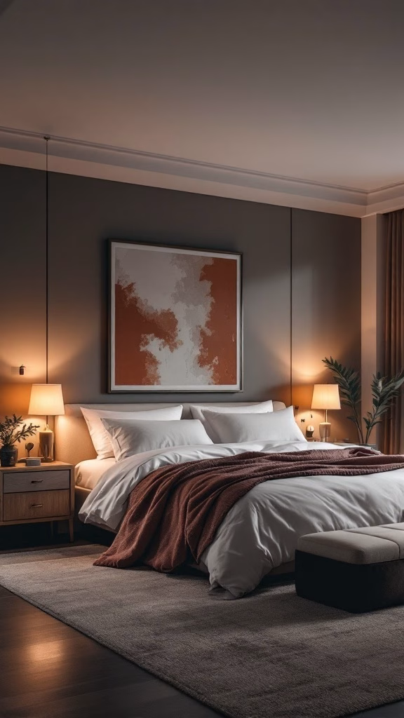 Luxurious bedroom with warm lighting, a cozy bed, and stylish decor