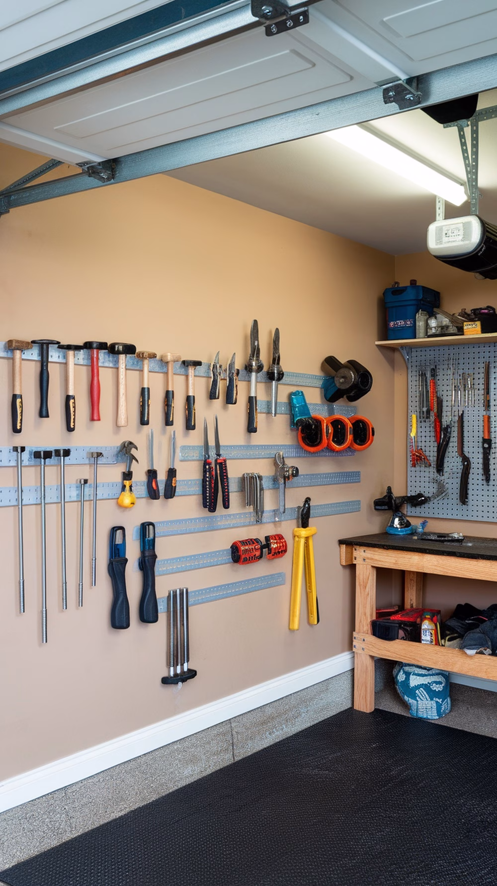Organized garage wall with magnetic strips holding small tools.
