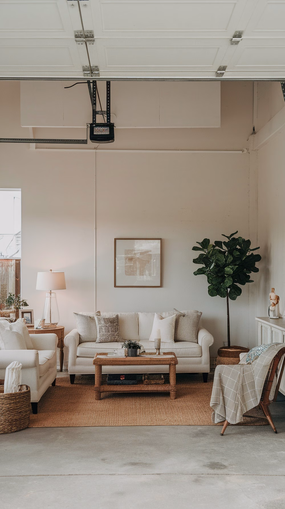 A cozy living room setup in a garage with high ceilings, featuring comfortable sofas and a coffee table.