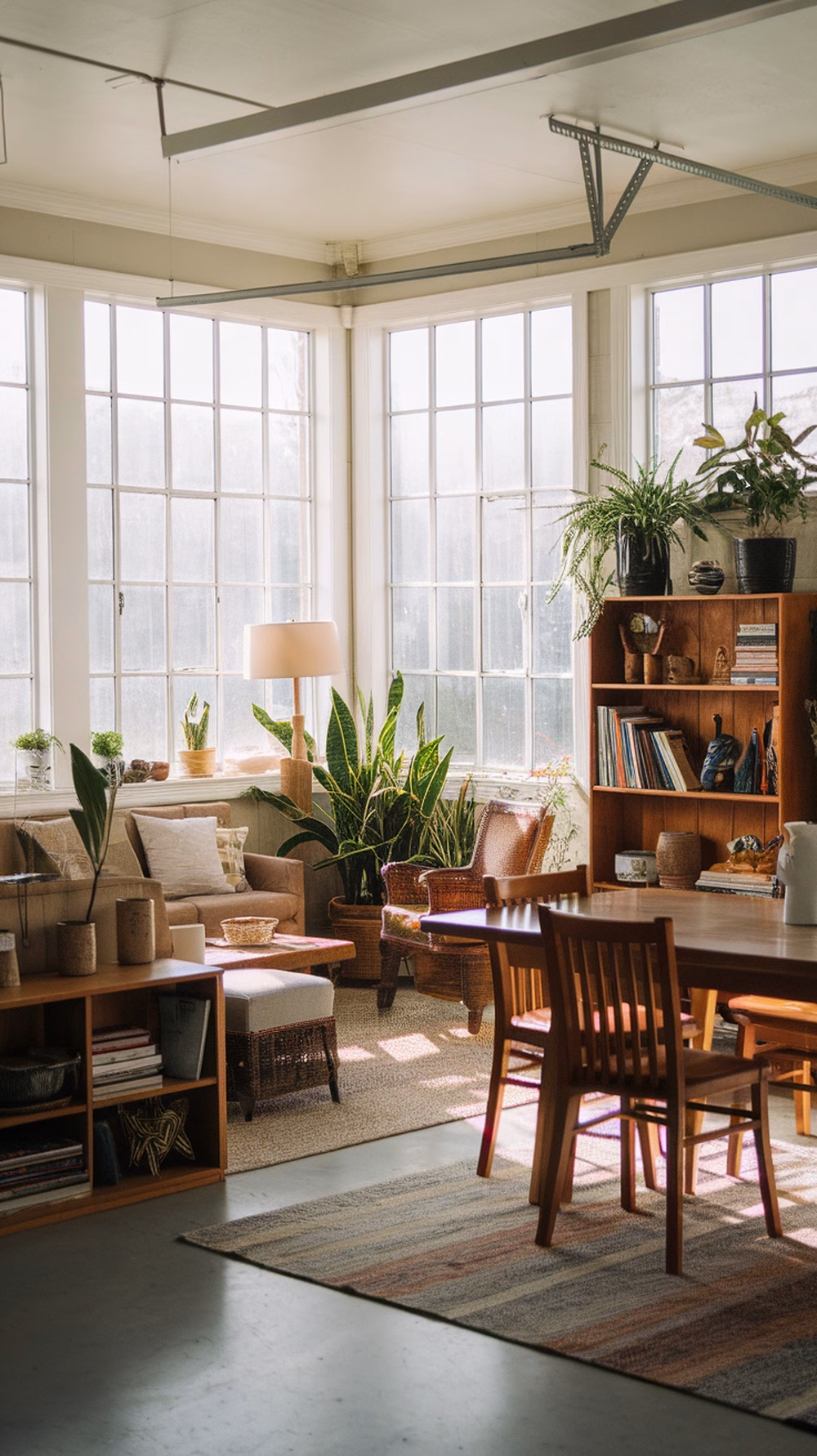 Bright and inviting garage dining room with large windows, plants, and cozy furniture.