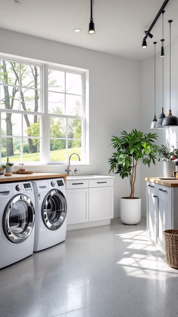 A bright laundry room in a garage with large windows and modern appliances.