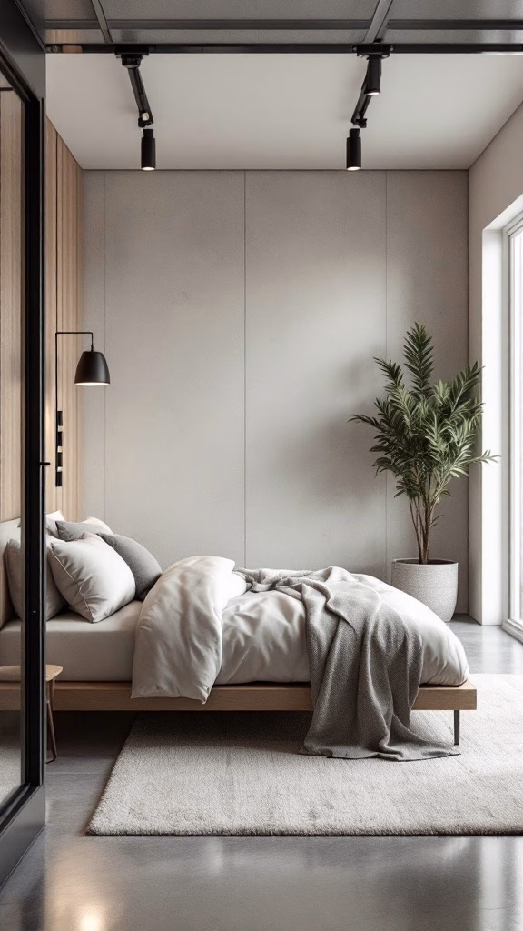 A modern minimalist bedroom design with a low bed, soft bedding, a potted plant, and natural light.