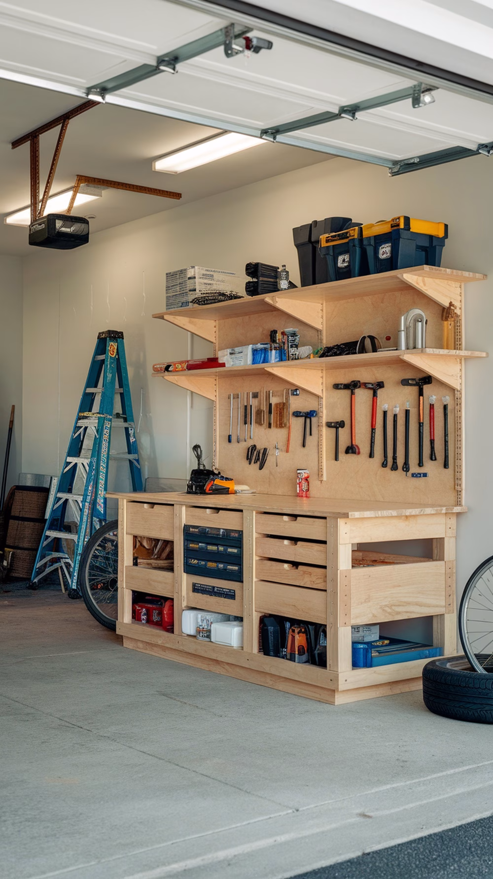 A well-organized multi-functional workbench in a garage, featuring tools on shelves and in drawers.