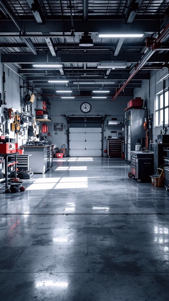 A spacious and organized multi-purpose garage with workstations and tools