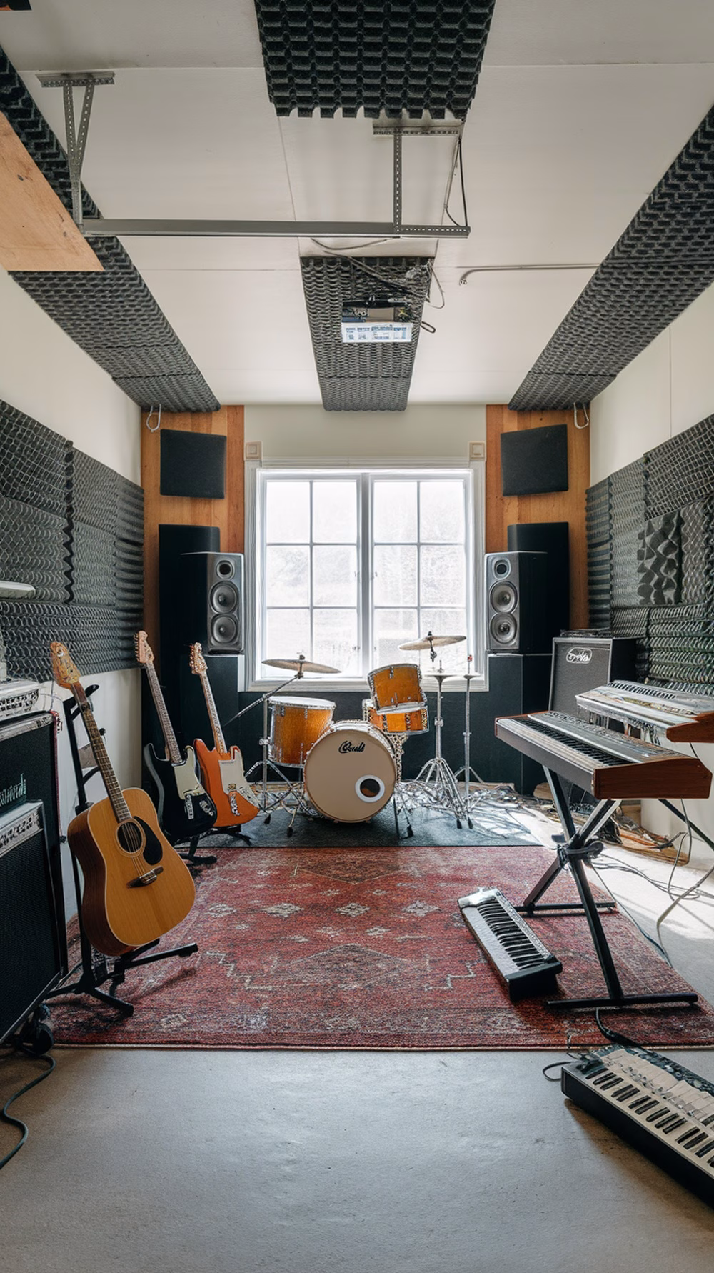 A converted garage music studio with instruments and soundproofing.