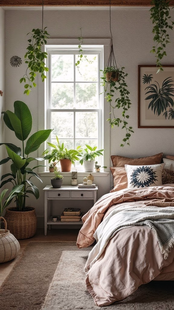A cozy bedroom with plants, soft bedding, and natural light coming through the window.