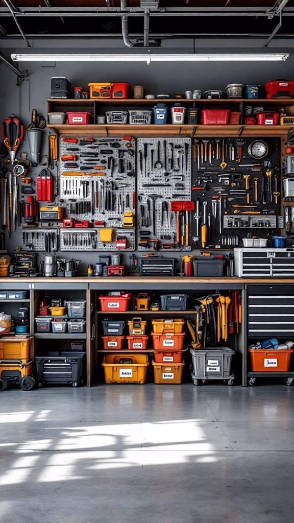 A well-organized garage tool storage with pegboard and labeled bins.