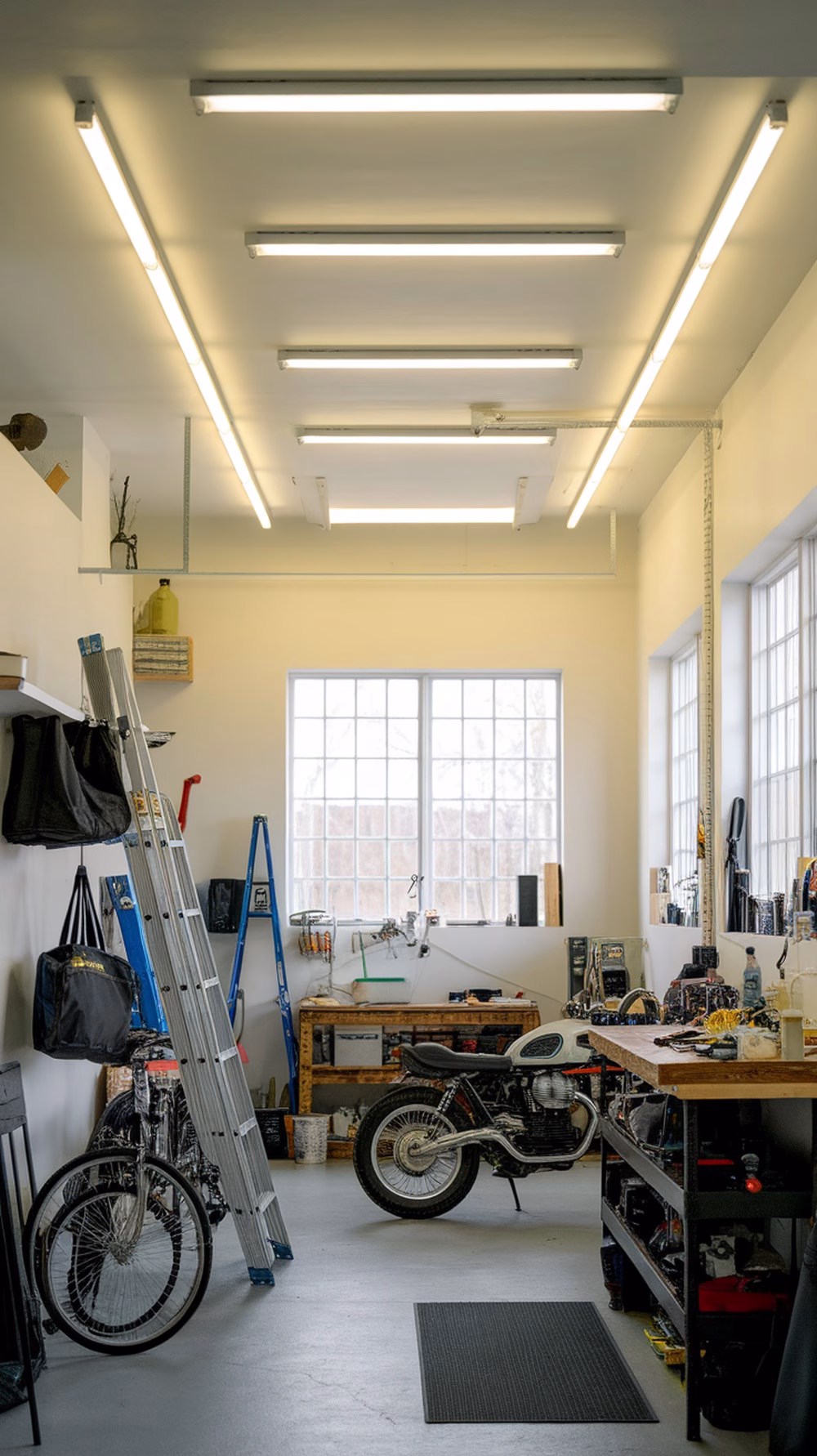 Brightly lit garage with overhead fluorescent lights and large windows.