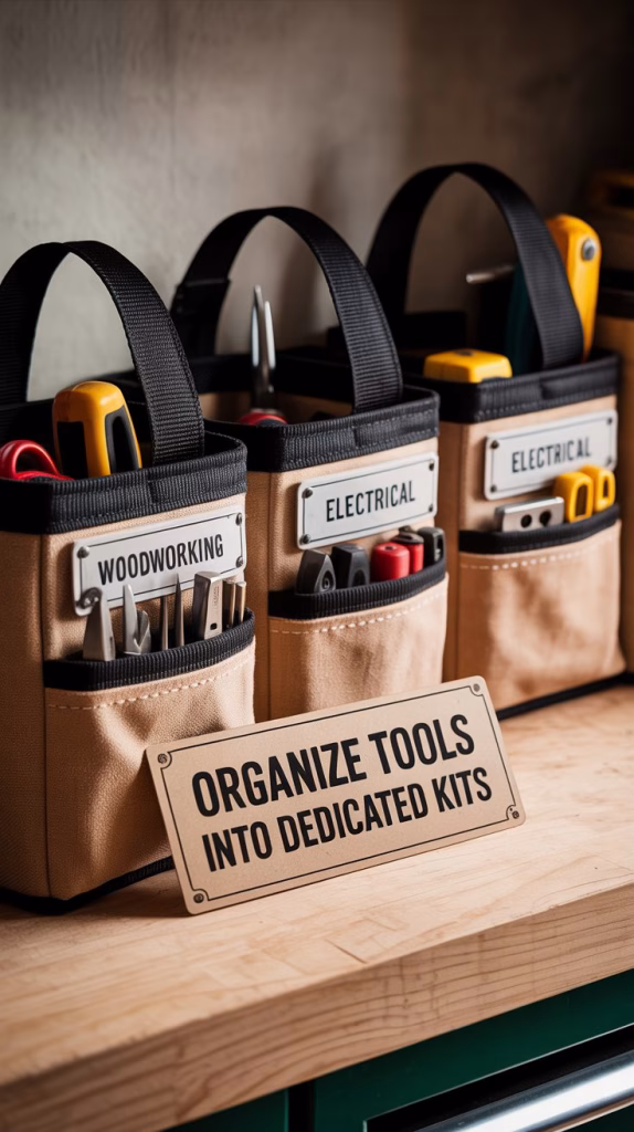 A photograph of a neatly organized workbench featuring several labeled tool kits. Each kit is a durable canvas bag with a clear label like "Woodworking" and "Electrical" displaying the corresponding tools within. The kits sit on a light wooden surface with soft, diffused lighting highlighting the organization and functionality of the tools. A single, vintage-style label reads "Organize Tools into Dedicated Kits" placed elegantly near the kits.