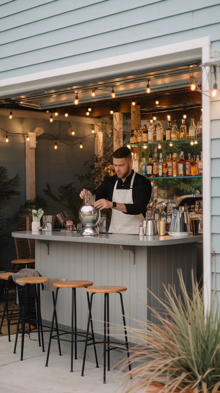 A stylish outdoor garage bar setup with a bartender mixing drinks, a bar cart filled with bottles, and cozy seating.