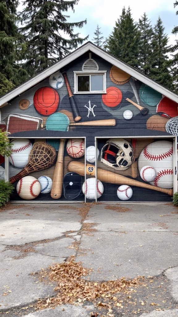 A garage filled with colorful sports equipment including bats, balls, and helmets.