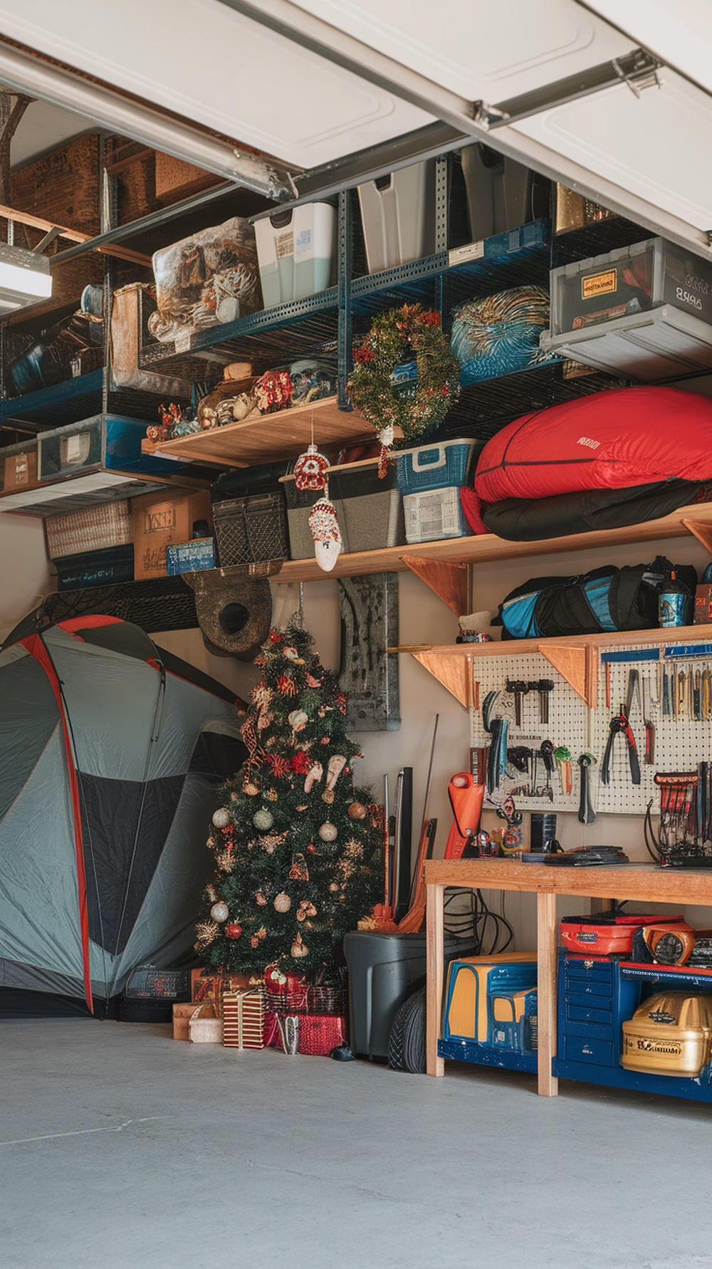 A well-organized garage with overhead storage racks holding various bins and seasonal decorations.