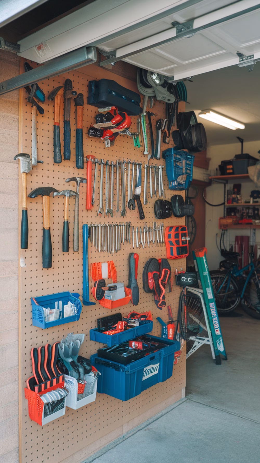 A well-organized pegboard displaying various tools in a garage setting.